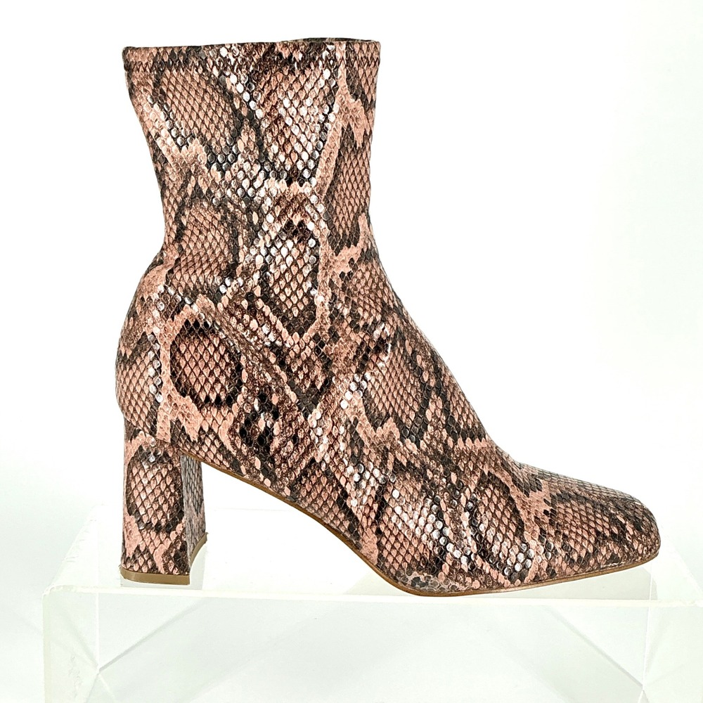 Steve Madden Size 9 Snakeskin Print Ankle Boots Square Toe Block‎ Heel Brown Tan